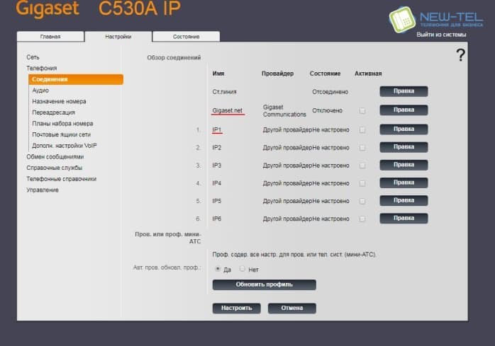 Web-Интерфейс Gigaset вкладка телефония –соединения