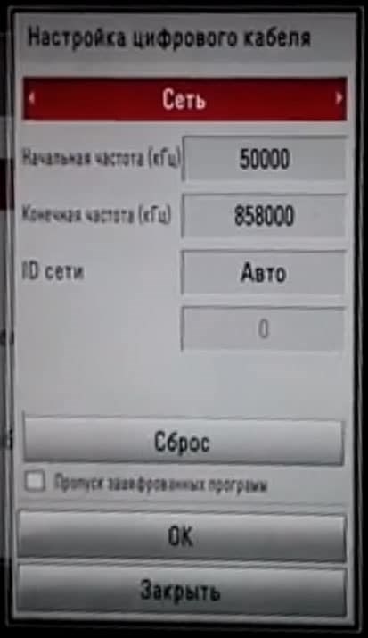 Окно с частотами кабельного ТВ